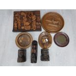 CARVED WOODEN ITEMS TO INCLUDE AFRICAN BOOKENDS NATIVE AMERICAN PLAQUE ESKIMOS ETC