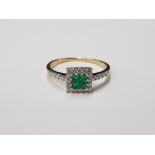 18CT YELLOW GOLD EMERALD AND DIAMOND SQUARE CLUSTER RING DIAMOND SHOULDERS SIZE Q 2.7G GROSS