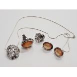 PAIR OF SILVER EARRINGS WITH MATCHING SILVER RING, BROWN/ ORANGE, SILVER SET RING, SILVER PENDANT