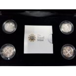 UK ROYAL MINT 2010-11 SET OF 4 SILVER PROOF 1 POUND COINS, IN ORIGINAL CASE WITH CERTIFICATE OF