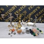 A LOT CONTAINING A SET OF VIKING WEIGHING SCALES, SILVER PLATED CANDELABRAS AND BRASS PLATED