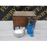 VINTAGE WOODEN CHEST CONTAINING CAMPER STOVE AND KETTLE