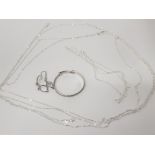 SILVER CHILDS BANGLE, 5 NECKLACE CHAINS AND EARRINGS, 26.9G