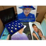 BOX OF ROYAL MEMORABILIA INCLUDING BOOKS SPOONS CERAMICS ETCE