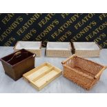 COLLECTION OF 4 LINED WICKER BASKETS PLUS 1 OTHER AND 2 WOODED CUTLERY TYPE CONTAINERS