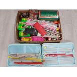 BOX OF VINTAGE SEWING NEEDLES AND COLLECTABLE TETLEY FIGURES AND HOUSES ALL IN ORIGINAL BOXES