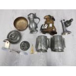 PEWTER TO INCLUDE A PAIR OF CHINESE TANKARDS CHAMBERSTICK LIDDED JUG GOLFING INTEREST CAST IRON