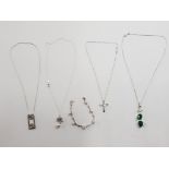 4 SILVER NECKLACES WITH PENDANTS AND 1 SILVER BRACELET 47.5G GROSS