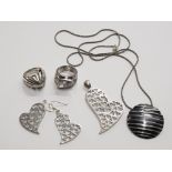 2 SILVER RINGS, ONE SILVER SET PENDANT AND MATCHING EARRINGS AND ONE SILVER NECKLACE WITH PENDANT