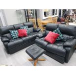A BLACK LEATHER 3 SEATER AND 2 SEATER SETTEE TOGETHER WITH AN IKEA FOOTSTOOL
