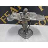 AN ART NOUVEAU STYLE BRONZED METAL COMPORT WITH FAIRY AND LILY PAD DECORATION 19.5CM HIGH