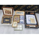 FRAMED ITEMS TO INCLUDE PICTURES EMBROIDERY DELFT TILES ROYAL COPENHAGEN PLAQUE ETC IN TWO BOXES