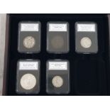 10 DIFFERENT SLABBED COINS IN A PRESENTATION CASE EA WITH CERTIFICATE INCLUDING 2012 SILVER