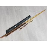 VINTAGE RILEY SNOOKER CUE WITH CARRY BAG TOGETHER WITH POT BLACK POOL CUE AND BRASS SHOE HORN