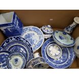 A BOX OF BLUE AND WHITE CHINA INCLUDES DELFT RINGTONS ETC