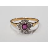 9CT YELLOW GOLD RUBY AND DIAMOND CLUSTER RING SIZE V 1.7G GROSS