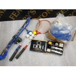 MIXED BOX OF SPORTING ITEMS INCLUDING GOLF BALLS, BADMINTON RACKETS AND FISHING ROD WITH REEL