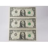 UNCUT STRIP OF 3 USA ONE DOLLAR BILLS, UNCIRCULATED