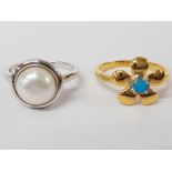 TWO SILVER RINGS ONE GILT WITH TURQUOISE CENTRAL STONE STAMPED SIZES R 1/2 AND S 8.8G GROSS
