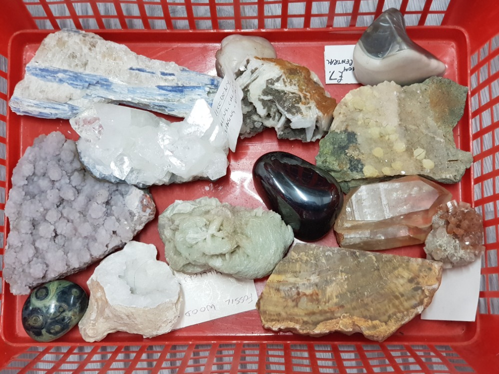 COLLECTION OF INTERESTING CRYSTAL AND MINERALS INCLUDING FOSSIL WOOD