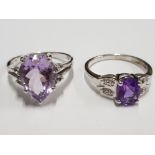 TWO SILVER AND PURPLE STONE RINGS STAMPED SIZE R 1/2 7G GROSS