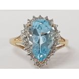 9CT YELLOW GOLD AQUAMARINE PEAR SHAPE CUBIC ZIRCONIA RING, 3.4G GROSS SIZE S1/2