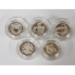 5 ROYAL MINT UK 1 POUND SILVER PROOF COINS FROM 2003 TO 2007 ALL IN ORIGINAL CASES WITH