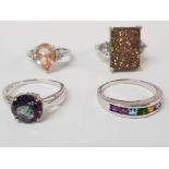 FOUR SILVER MULTI COLOURED STONE RINGS STAMPED SIZES P T 1/2 AND U 17.7G GROSS