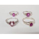 FOUR SILVER AND PINK STONE RINGS STAMPED SIZES T AND T 1/2 11.4G GROSS