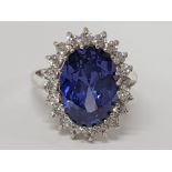 9CT WHITE GOLD CUBIC ZIRCONIA AND TANZANITE OVAL CLUSTER RING, 6G SIZE N