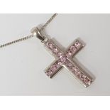 SILVER AND PINK CZ CROSS AND CHAIN, 6G