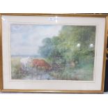 A WATERCOLOUR BY DAVID J ROBERTSON DEPICTING HORSES WATERING AT A RIVER SIGNED 47.5 X 70.5CM