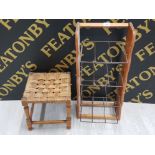 SMALL RUSH SEATED STOOL AND A WALL MOUNTED STORAGE UNIT