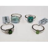 FOUR SILVER BLUE AND GREEN STONE RINGS STAMPED TWO WITH SHOP TAGS SIZES R 1/2 T AND U 15.1G GROSS