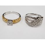 TWO SILVER AND WHITE STONE RINGS ONE PARCEL GILT SIZES M 1/2 AND P 1/2 7.1G GROSS