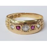 15CT YELLOW GOLD RUBY AND DIAMOND BAND, 2.7G GROSS SIZE L