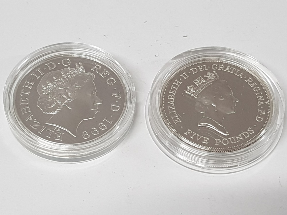 2 SILVER 5 POUND COINS, 1990 CROWN PROOF MINTAGE 150,000 28.28 GRAMS BOXED WITH COA UNCIRCULATED, - Image 2 of 3