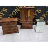 THREE WOOD AND MIRROR FINISH FURNITURE STYLE JEWELLERY BOXES