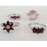 TWO RED STONE AND TWO PINK STONE SILVER RINGS SIZES P 1/2 AND T 1/2 15.2G GROSS