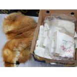 BOX OF OLD LINEN AND FUR HOOD