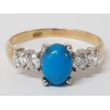 9CT YELLOW GOLD TURQUOISE AND CUBIC ZIRCONIA RING, 2.3G SIZE R