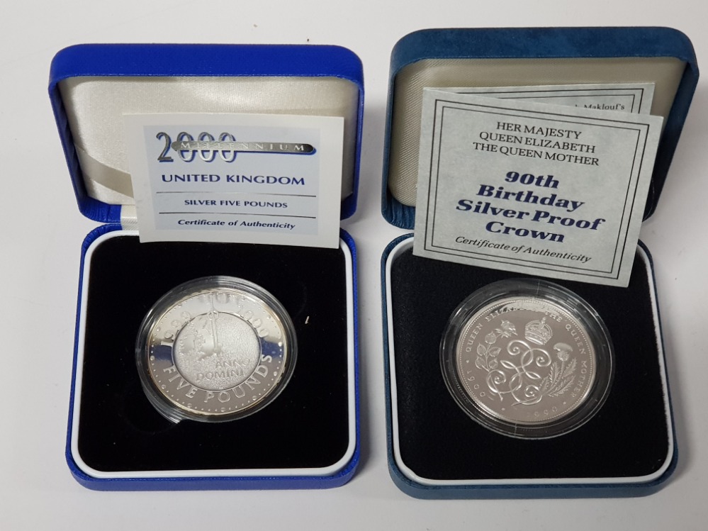 2 SILVER 5 POUND COINS, 1990 CROWN PROOF MINTAGE 150,000 28.28 GRAMS BOXED WITH COA UNCIRCULATED, - Image 3 of 3