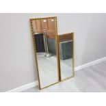 2 MODERN RECTANGULAR WALL MIRRORS IN GOLD COLOURED FRAMES 123X42 1/2CM & 93X33 CM