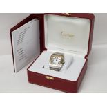 GENTS STEEL AND YELLOW GOLD CARTIER SANTOS 100 WRISTWATCH WITH WHITE DIAL AND GOLD BEZEL, BLUE