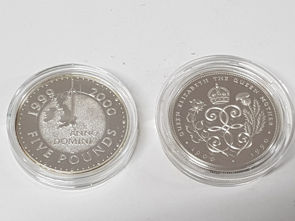 2 SILVER 5 POUND COINS, 1990 CROWN PROOF MINTAGE 150,000 28.28 GRAMS BOXED WITH COA UNCIRCULATED,