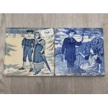 2 BLUE AND WHITE 6 INCH TILES BY JOSIAH WEDGWOOD AND SONS FEATURING A BOY AND GIRL IN THE MONTHS