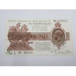 GREAT BRITAIN WARREN FISHER 1 POUND BANKNOTE ISSUED 1927 CONTROL NOTE PRESSED VF BUT LOOKS BETTER,