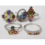 FIVE SILVER AND MULTI COLOURED STONE RINGS STAMPED SIZES R 1/2 T 1/2 AND U 22.5G GROSS
