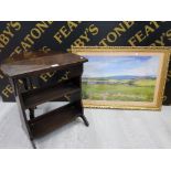 AN OAK OCCASIONAL TABLE/BOOK SHELF AND AN OIL PAINTING BY TOM FURNESS LANDSCAPE