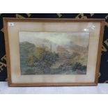 ANTIQUE WATERCOLOUR OF LAKE LLANBERIS, WALES SIGNED BUT INDISTINCT 55 1/2X36 1/2